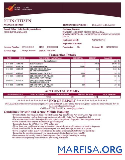 Printable India Post Payments bank account statement word real example